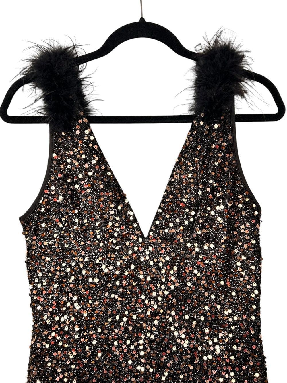 Sequin Feather-Trim Black V-Neck Cocktail Dress, XL Bodycon, Formal Event - Picture 4 of 9